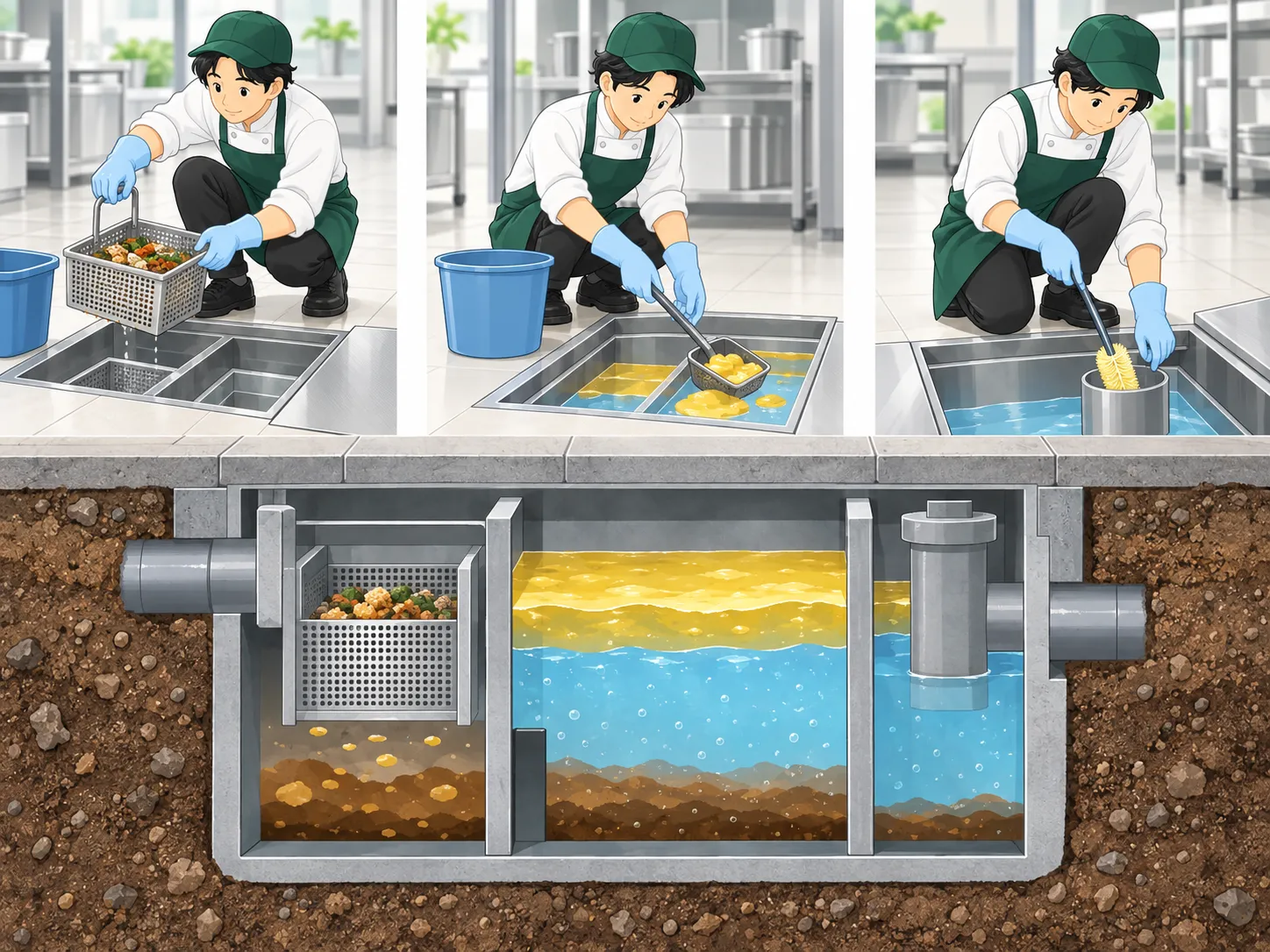 グリストラップのバスケット、油脂、汚泥、内壁を清掃する工程のイラスト