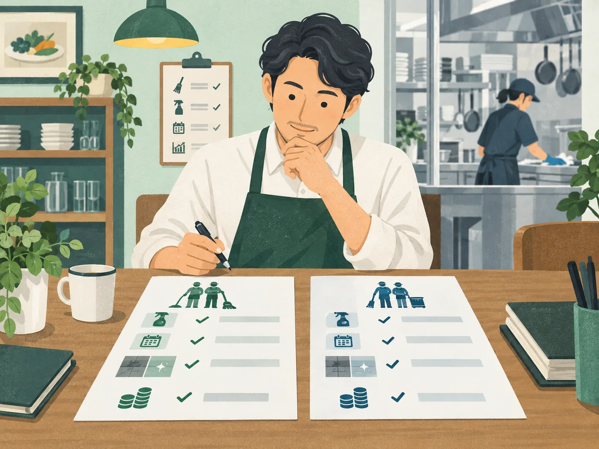 清掃サービスの作業範囲と報告内容を比較する飲食店担当者のイラスト
